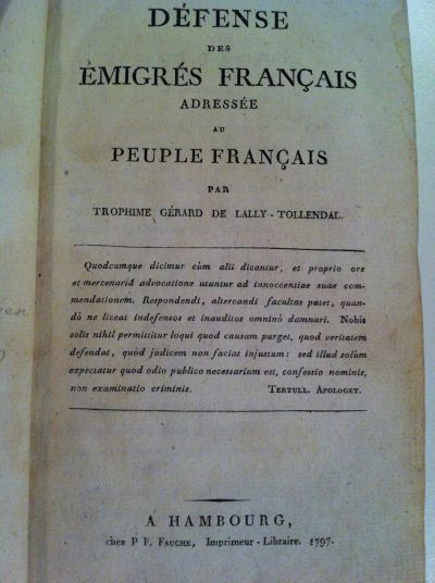 Lally-Tollendal, Défense des emigrés Francais adressée au peuple Francais