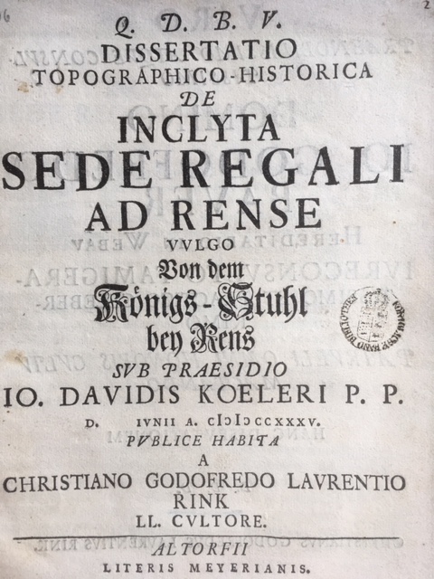 Rinck, Dissertatio Topographico-Historica De Inclyta Sede Regali Ad Rense Vvlgo