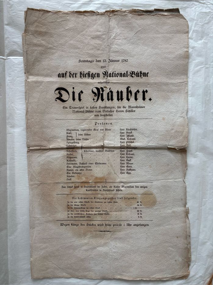 Schiller, Theaterzettel zu "Die Räuber".